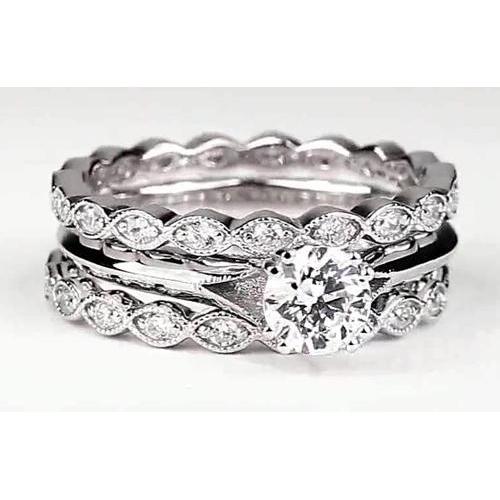 Vintage Look Round Diamond Engagement Ring Set White Gold 14K 2 Carats