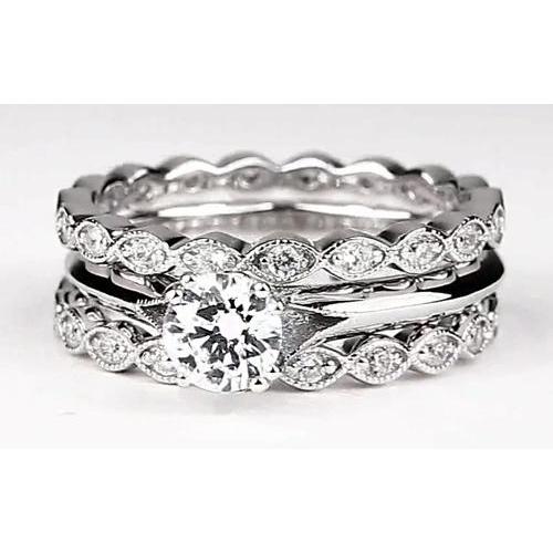 Vintage Look Round Diamond Engagement Ring Set White Gold 14K 2 Carats