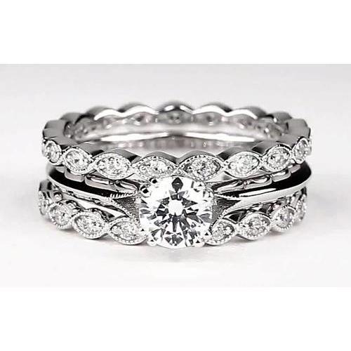Vintage Look Round Real Diamond Engagement Ring Set White Gold 14K 2 Carats