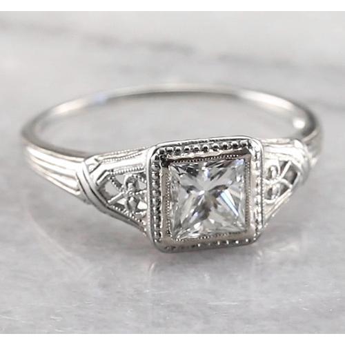 Vintage Style 1 Carat Solitaire Princess Diamond Ring White Gold