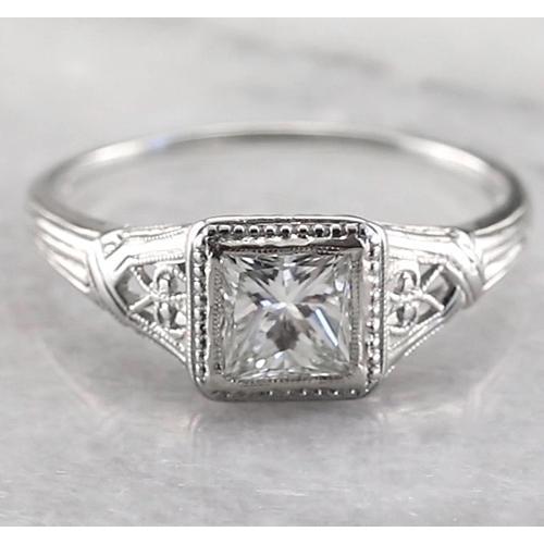 Vintage Style 1 Carat Solitaire Princess Real Diamond Ring White Gold