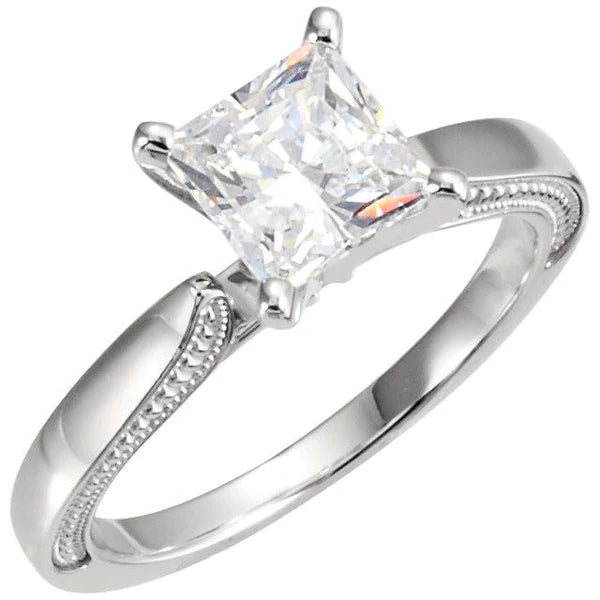Vintage Style 2 Carat Princess Real Diamond Solitaire Ring White Gold 14K