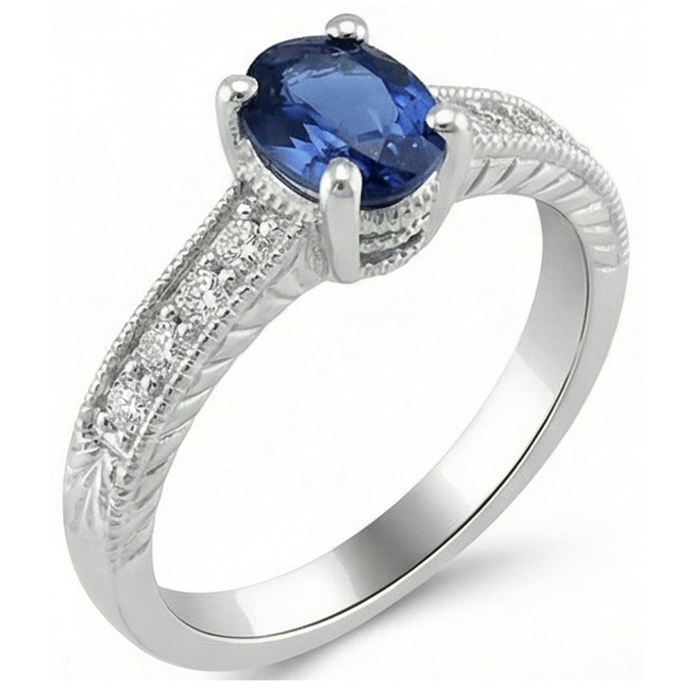 Vintage Style Ceylon Sapphire Natural Earth Mined Diamond Ring 2 Carats White Gold 14K