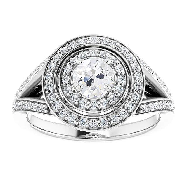 Vintage Style Double Halo Round Old Cut Real Diamond Ring 6 Carats