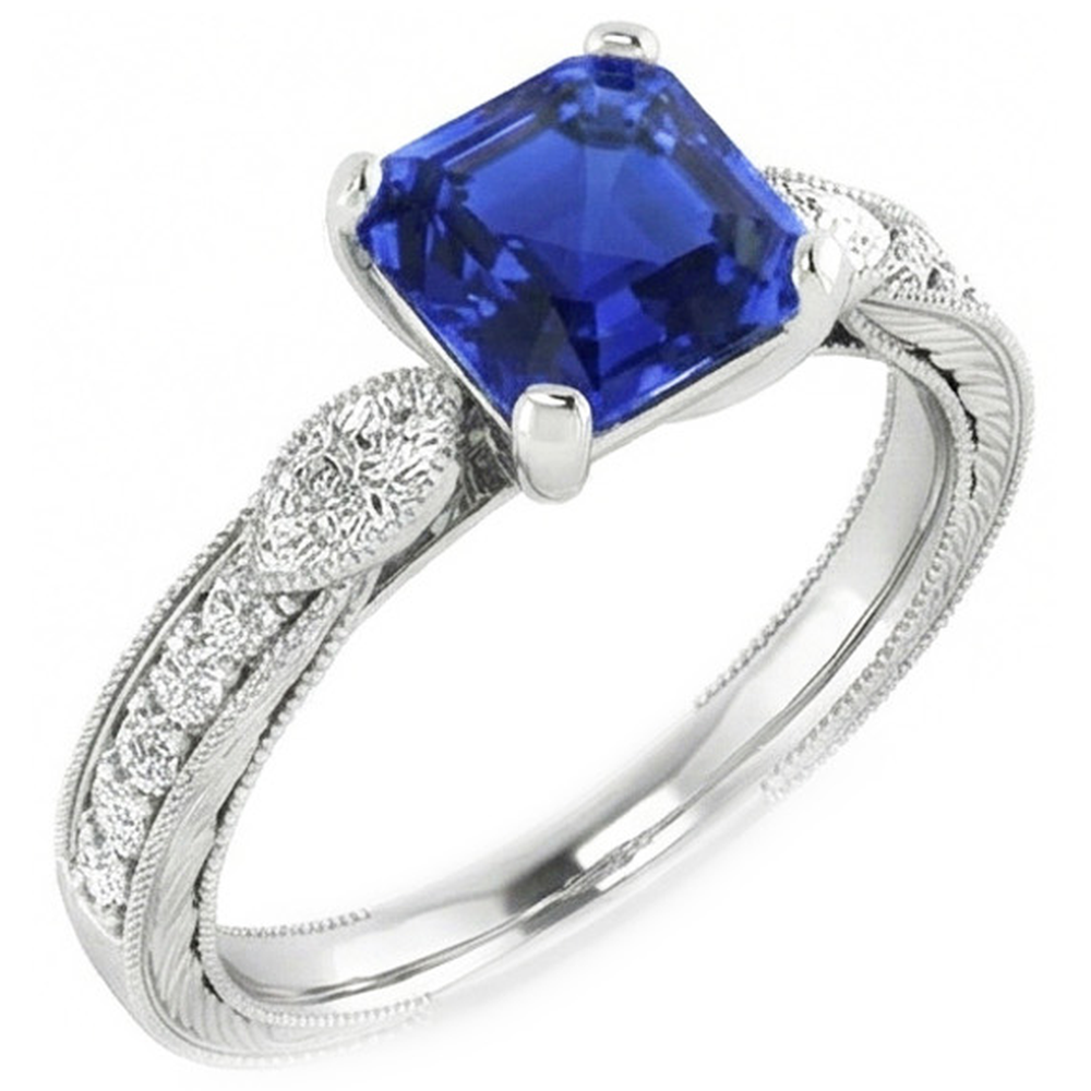 Vintage Style Gemstone Ring Asscher Blue Sapphire With Accents 3 Carat