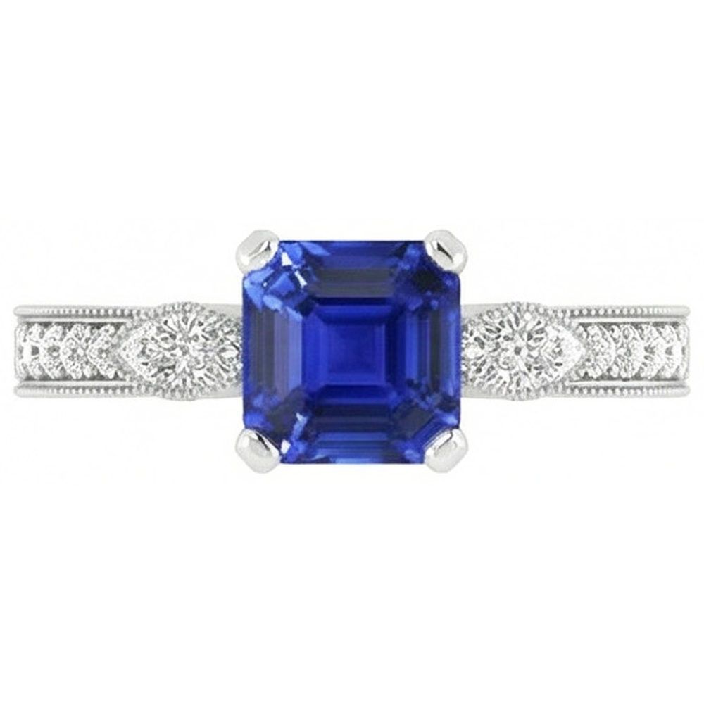 Vintage Style Gemstone Ring Asscher Blue Sapphire With Accents 3 Carat