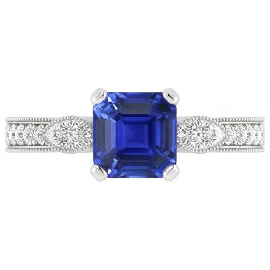Vintage Style Gemstone Ring Asscher Blue Sapphire With Accents 3 Carat