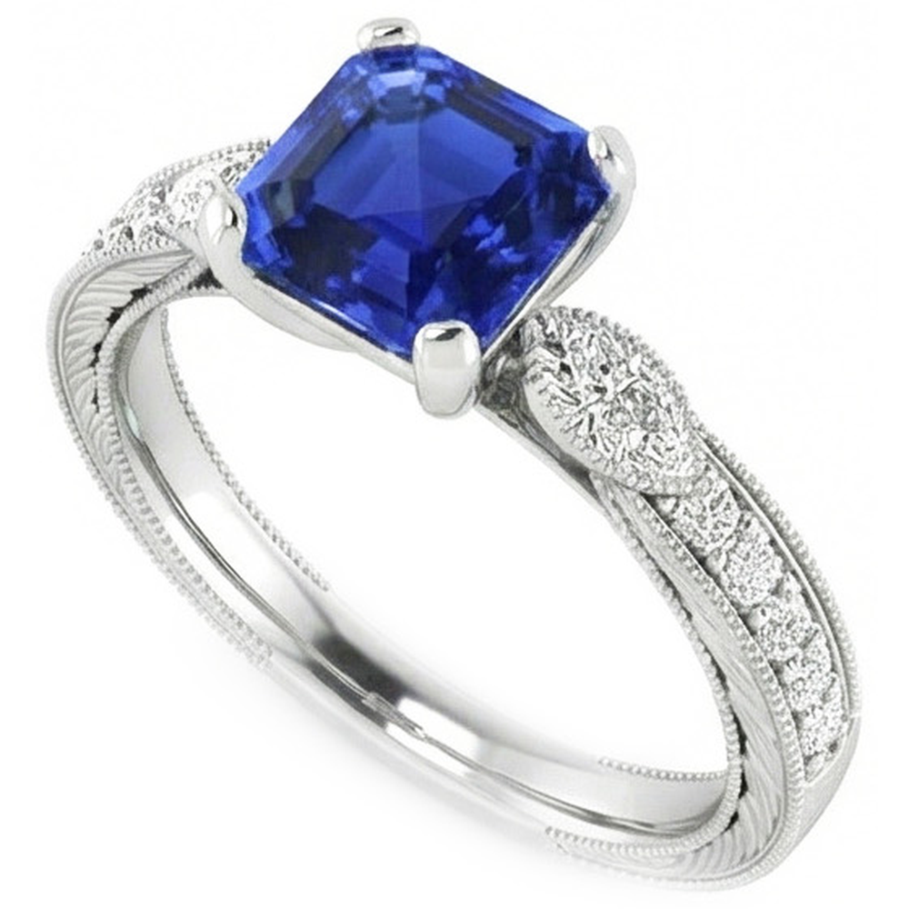 Vintage Style Gemstone Ring Asscher Blue Sapphire With Accents 3 Carat