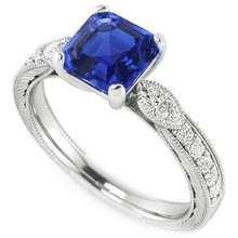 Vintage Style Gemstone Ring Asscher Blue Sapphire With Accents 3 Carat