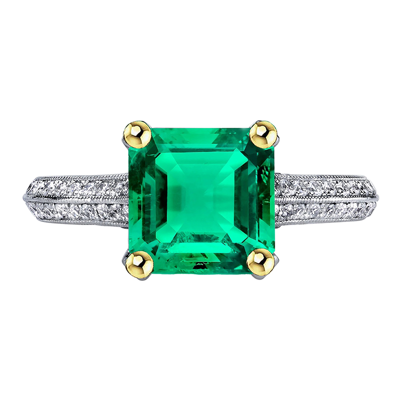 Colombian Emerald Step Cut Precious Stone Ring in 14K Two Tone Gold – main view
