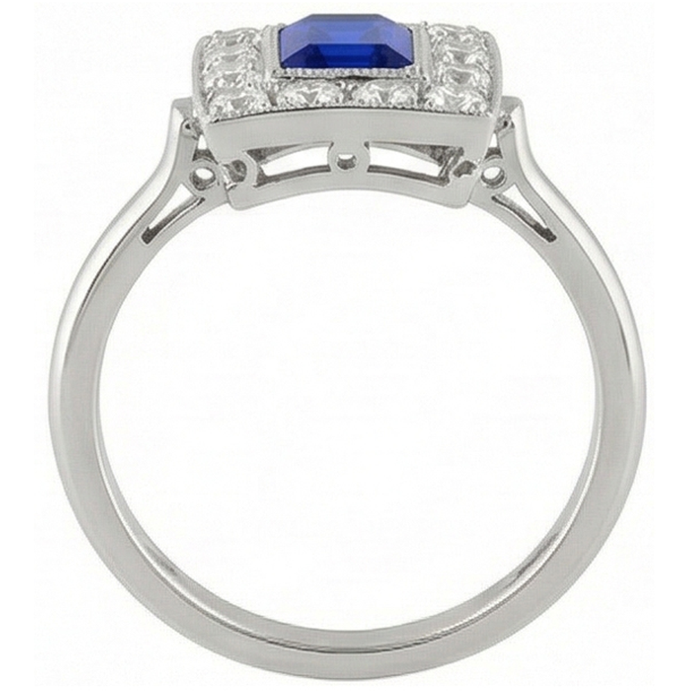 Vintage Style Halo Ring Emerald Shaped Sapphire 2 Carats Gold Milgrain