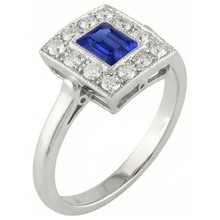 Vintage Style Halo Ring Emerald Shaped Sapphire 2 Carats Gold Milgrain