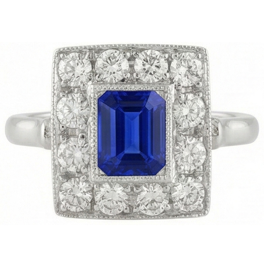 Vintage Style Halo Ring Emerald Shaped Sapphire 2 Carats Gold Milgrain