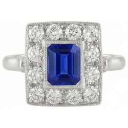 Vintage Style Halo Ring Emerald Shaped Sapphire 2 Carats Gold Milgrain