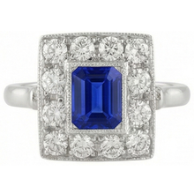 Vintage Style Halo Ring Emerald Shaped Sapphire 2 Carats Gold Milgrain