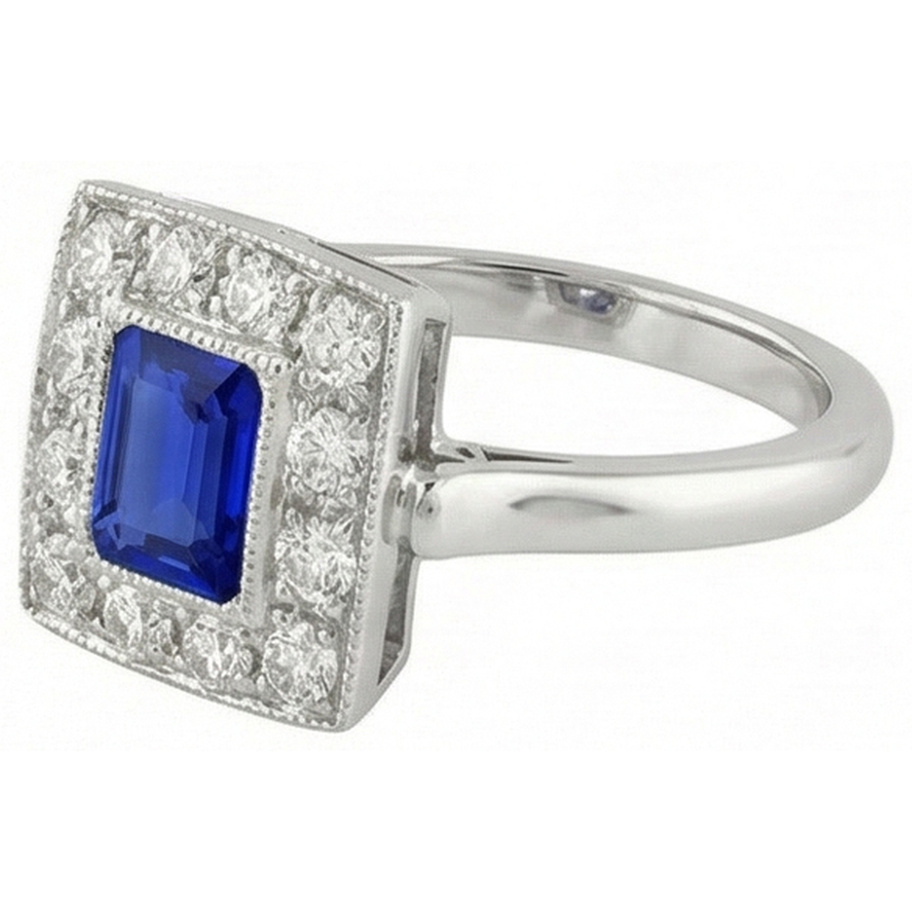 Vintage Style Halo Ring Emerald Shaped Sapphire 2 Carats Gold Milgrain