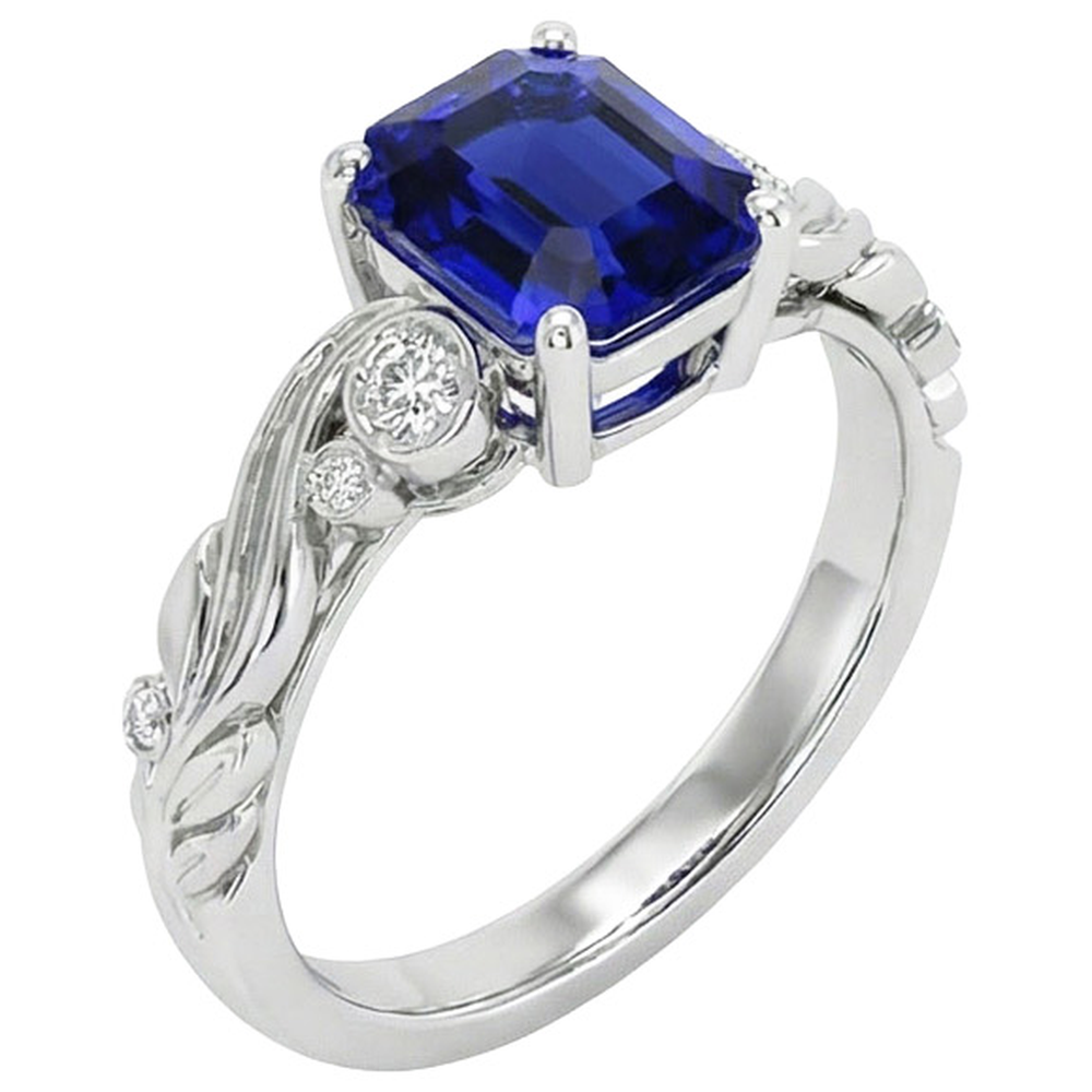 Vintage Style Natural Earth Mined Diamond And Ceylon Sapphire Emerald Cut Ring 5.50 Carats