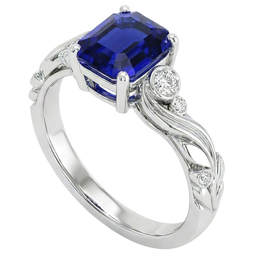 Vintage Style Natural Earth Mined Diamond And Ceylon Sapphire Emerald Cut Ring 5.50 Carats