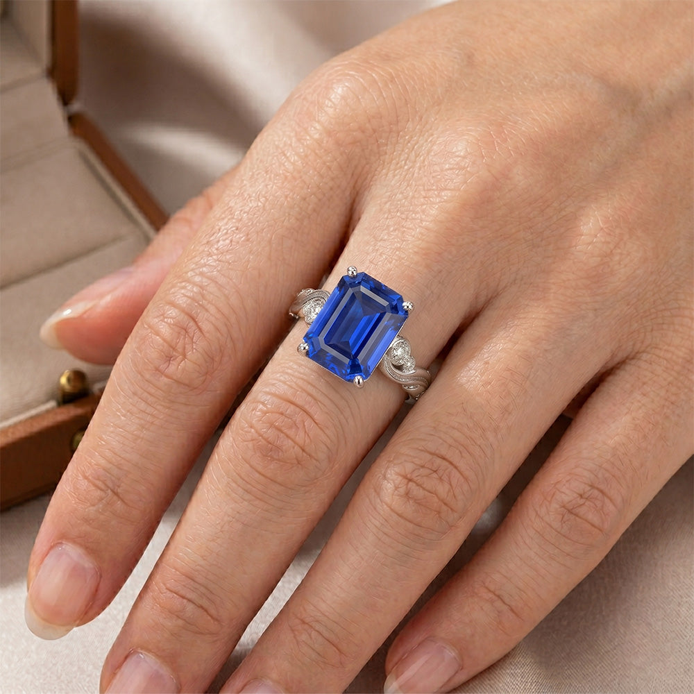 Vintage Style Natural Earth Mined Diamond And Ceylon Sapphire Emerald Cut Ring 5.50 Carats