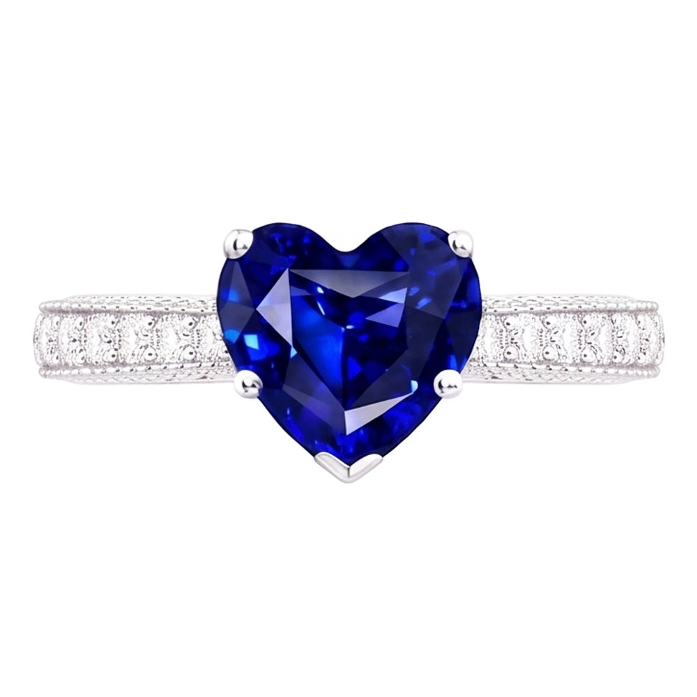 Vintage Style Natural Earth Mined Diamond Ring 4 Carats Blue Sapphire Heart Cut