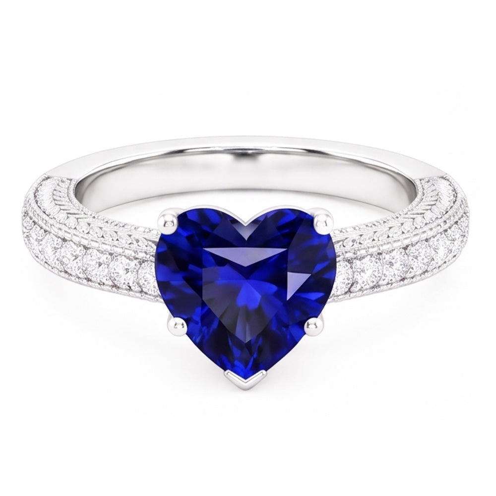 Vintage Style Natural Earth Mined Diamond Ring 4 Carats Blue Sapphire Heart Cut