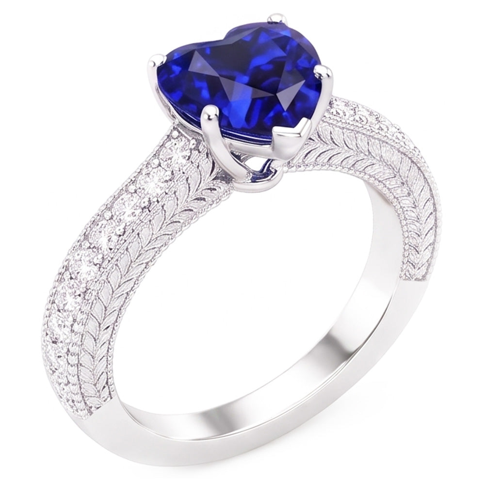 Vintage Style Natural Earth Mined Diamond Ring 4 Carats Blue Sapphire Heart Cut