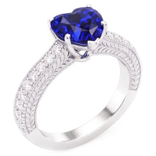 Vintage Style Natural Earth Mined Diamond Ring 4 Carats Blue Sapphire Heart Cut