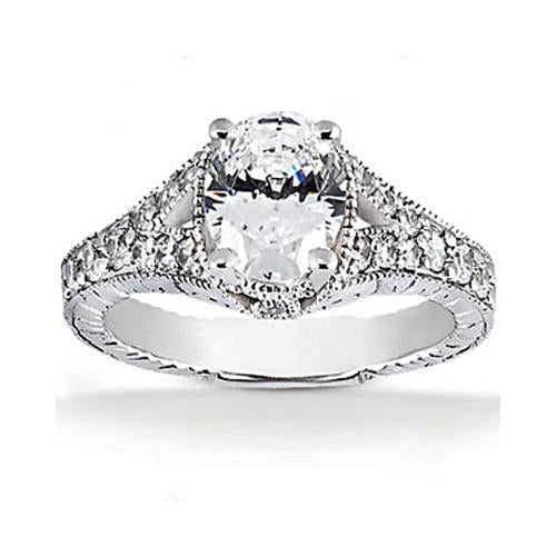 Vintage Style Oval Real Diamond Engagement Ring 1.51 Ct. White Gold 14K
