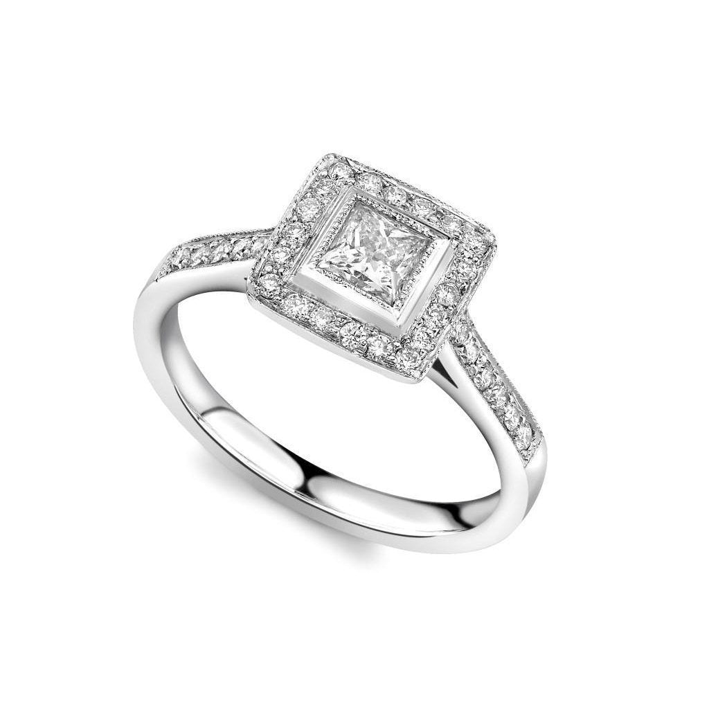 Vintage Style Princess And Round Cut Real Diamond Halo Ring 2.60 Ct