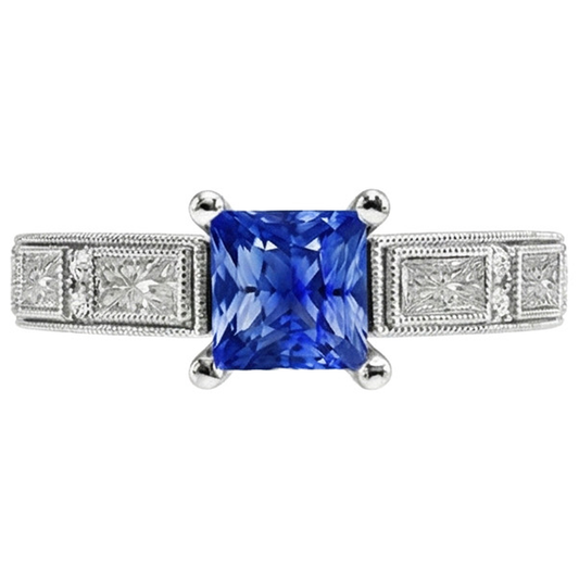 Vintage Style Princess Ceylon Sapphire & Natural Earth Mined Diamond Ring 5.50 Carats