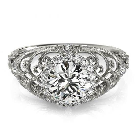 Vintage Style Round Natural Diamond Ring White Gold 14K