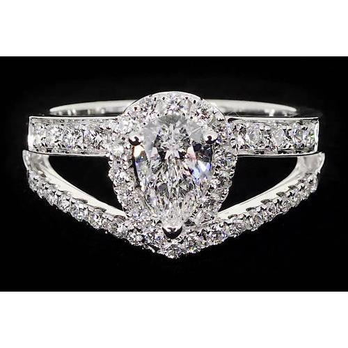 Vintage Type Pear Real Diamond Anniversary Ring White Gold 14K 2.50 Carats