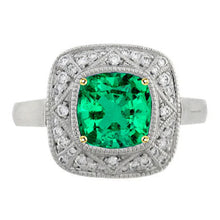 Colombian Emerald Cushion Cut Gemstone Ring in 14 Karat Two Tone Gold – main view
