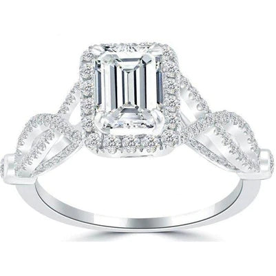 WG 14K 3 Ct. Emerald & Round Natural Diamond Halo Ring Twisted Shank Women Jewelry