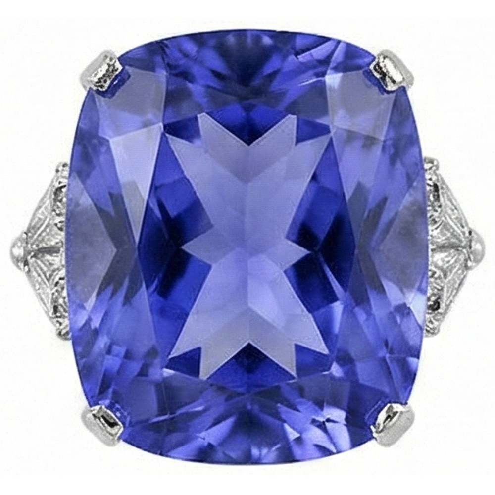 WG 14K AAA Cushion Tanzanite & Trillion Natural Earth Mined Diamonds 6.30 Ct. 3 Stone Ring
