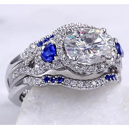 Wedding Band Set Real Diamond Blue Sapphire 5 Carats Women Jewelry
