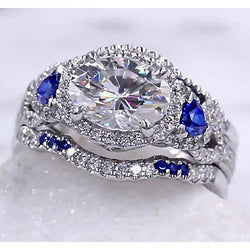 Wedding Band Set Real Diamond Blue Sapphire 5 Carats Women Jewelry