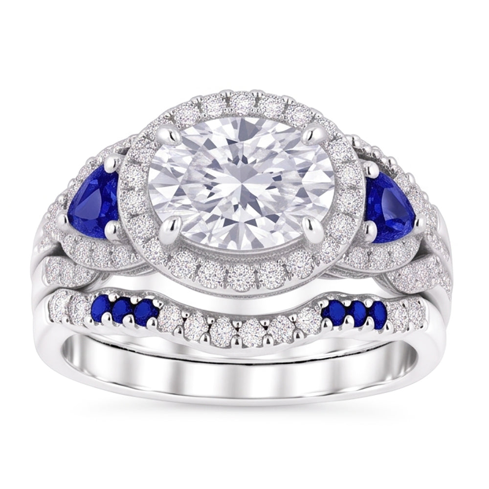 Wedding Band Set Real Natural Earth Mined Diamond Blue Sapphire 5 Carats Women Jewellery
