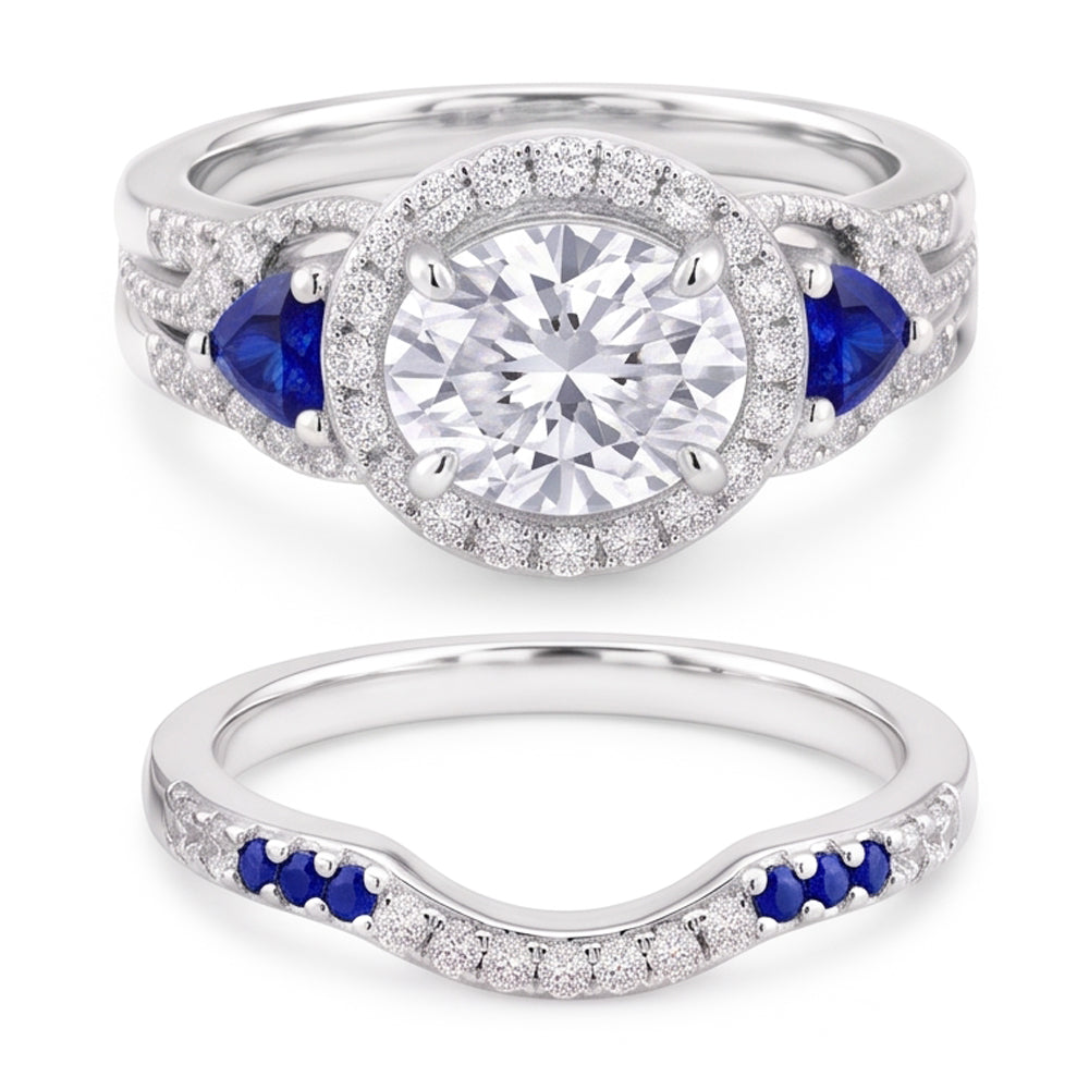 Wedding Band Set Real Natural Earth Mined Diamond Blue Sapphire 5 Carats Women Jewellery