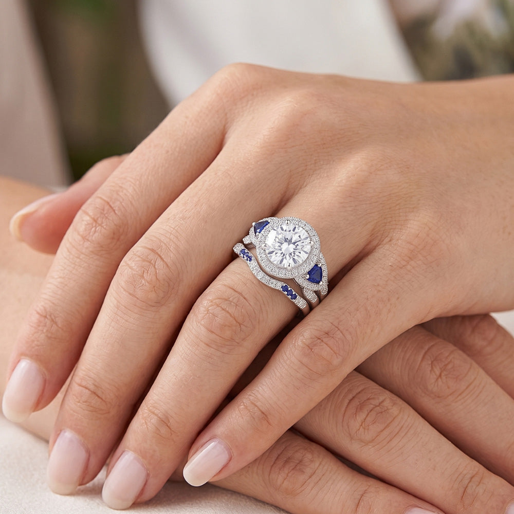 Wedding Band Set Real Natural Earth Mined Diamond Blue Sapphire 5 Carats Women Jewellery
