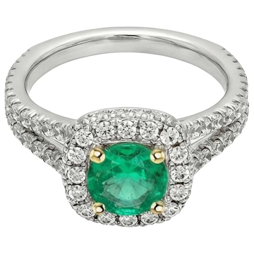 Precious Stone Ring 14K Two Tone Gold with Fine Emerald – front view