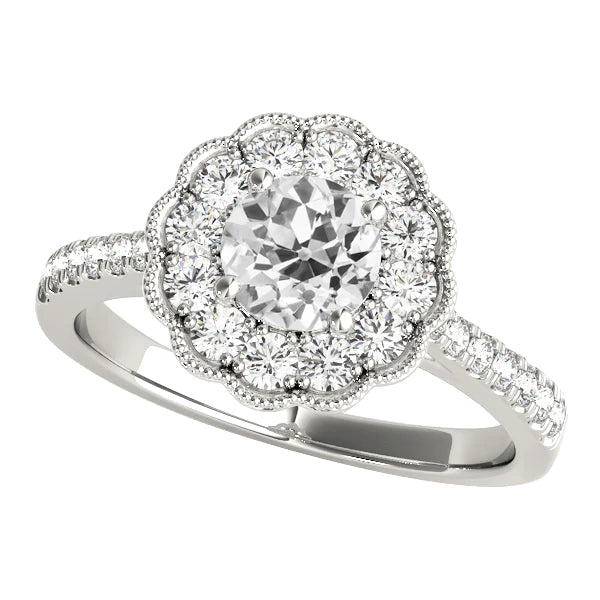 Wedding Halo Ring Round Real Old Mine Cut Diamond Flower Style 4 Carats