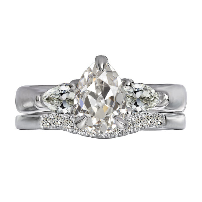 Wedding Ring Set Genuine Round & Pear Old Cut Diamond 3 Prong Set 5 Carats