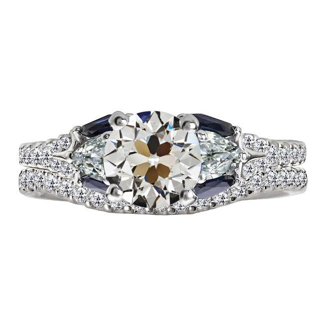 Wedding Ring Set Round Old Miner Natural Earth Mined Diamond & Baguette Sapphires 7 Carats