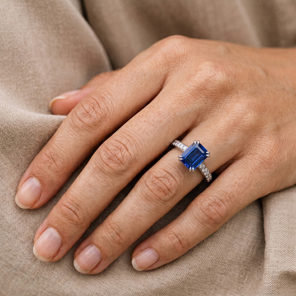 Wedding Solitaire With Accents Ring Emerald Blue Sapphire 3 Carats
