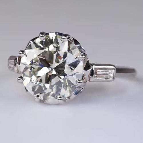 Wedding Three Stone Ring Old Cut Round & Baguette Diamonds Natural 3.25 Carats