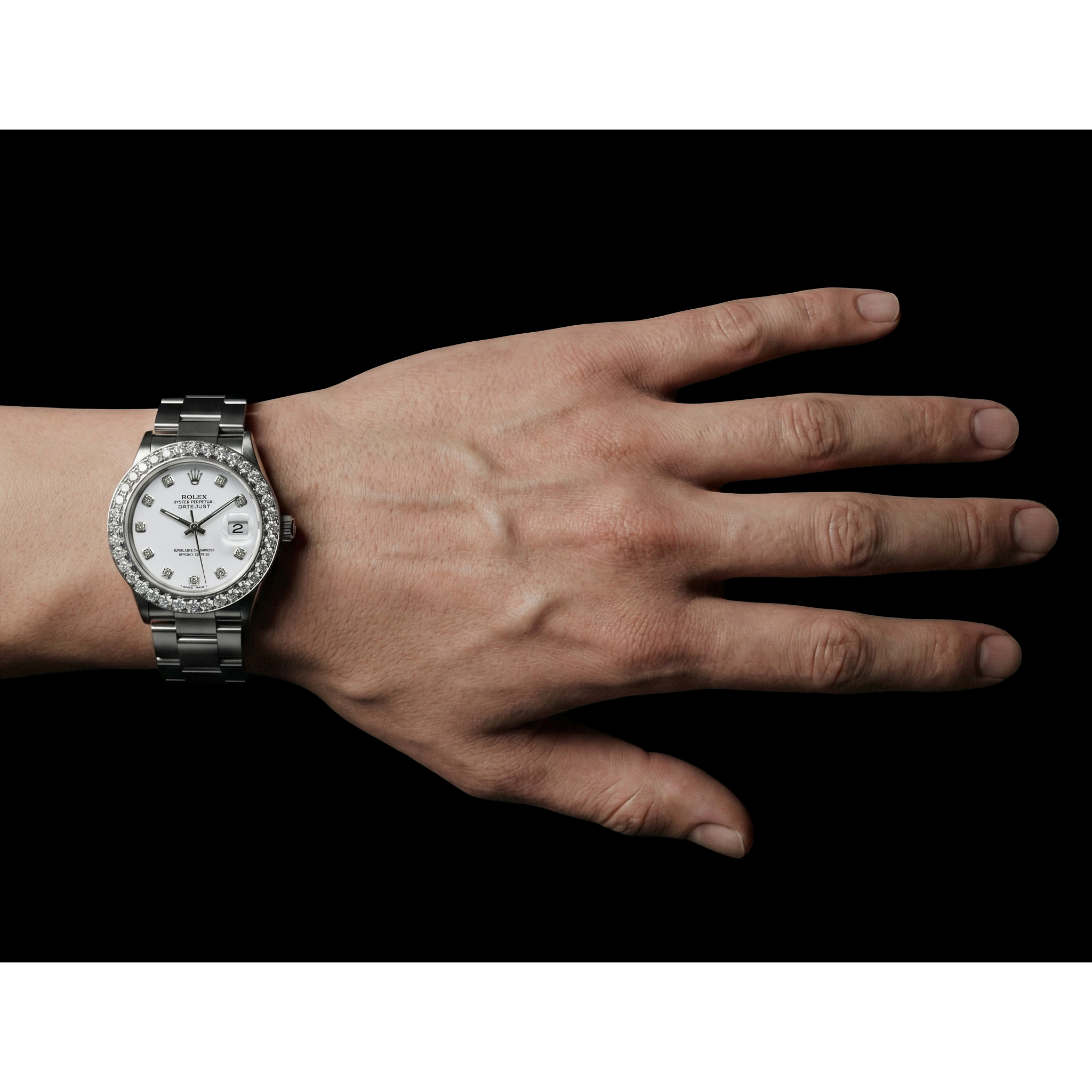 White Dial Custom Natural Earth Mined Diamond Big Bezel Rolex Dj Watch Stainless Steel