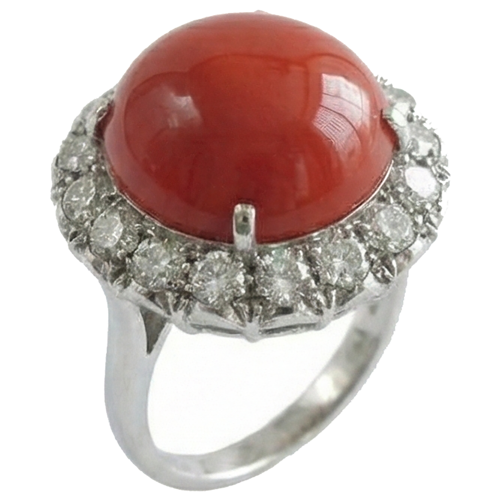 White Gold 14K 14.50 Ct Red Coral And Natural Earth Mined Diamonds Engagement Ring New