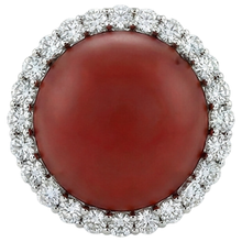 White Gold 14K 15 Carats Red Coral And Natural Earth Mined Diamonds Engagement Ring