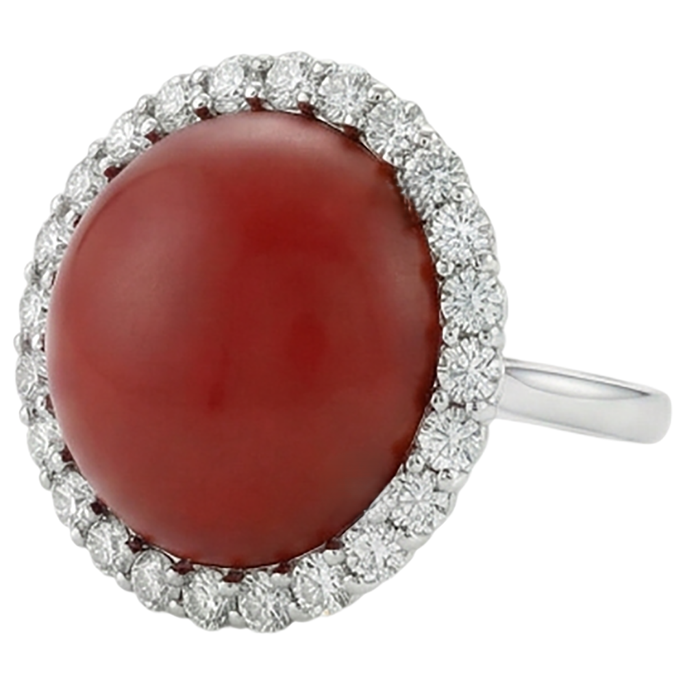 White Gold 14K 15 Carats Red Coral And Natural Earth Mined Diamonds Engagement Ring